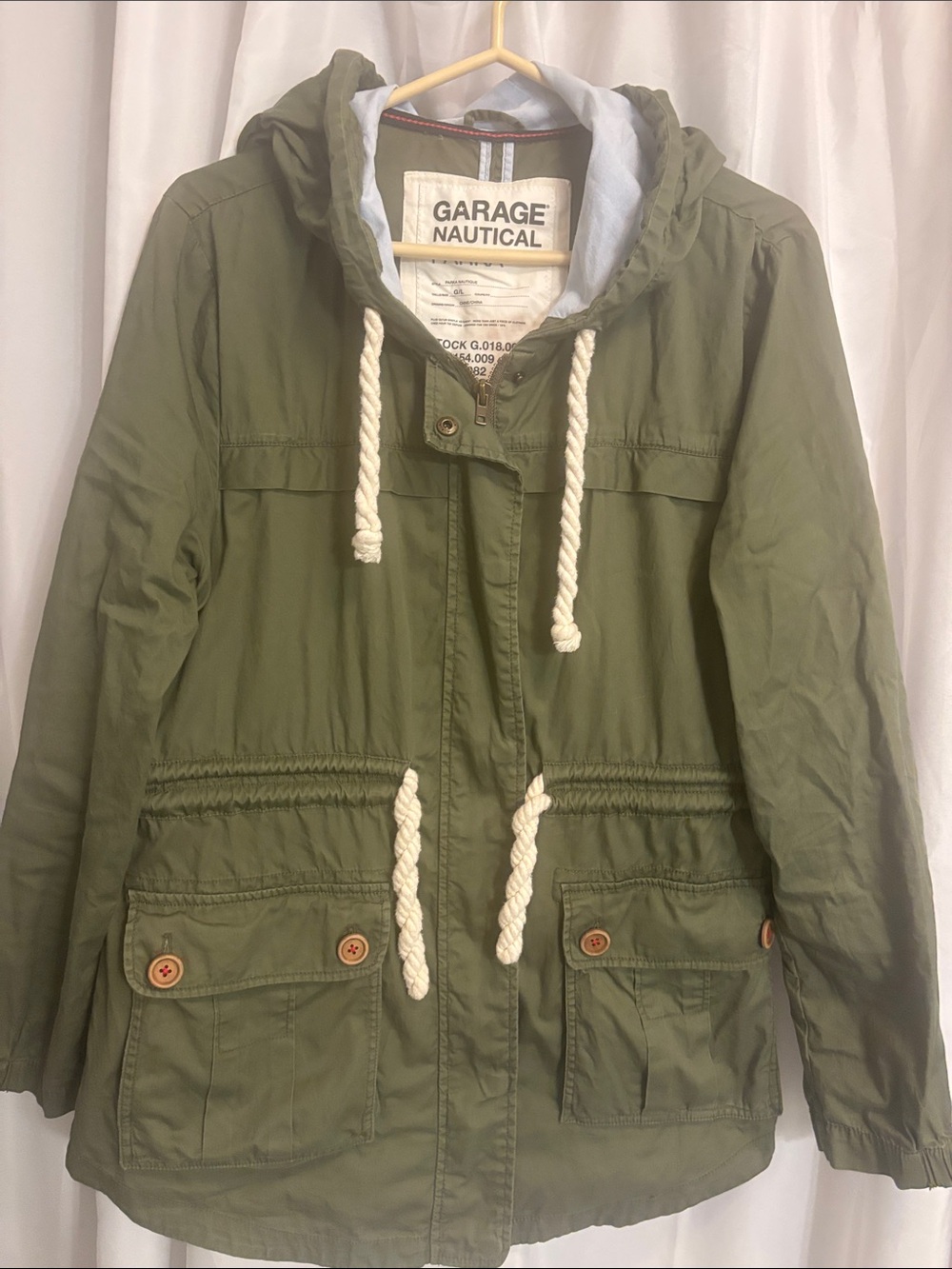 Garage Olive Green Hooded Nautical Parka with Rope Drawstrings